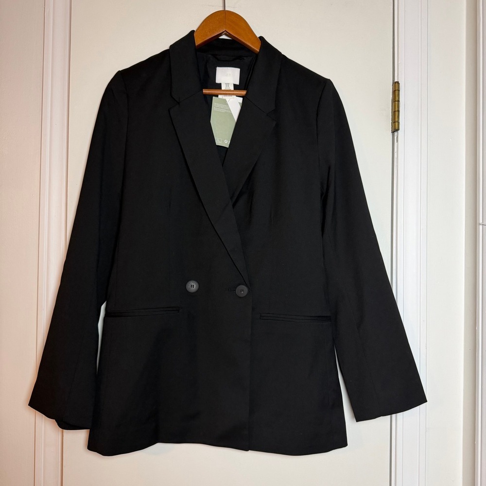 H&M Black Double Breasted Blazer Jacket XS Conscious Choice Recycled Polyester